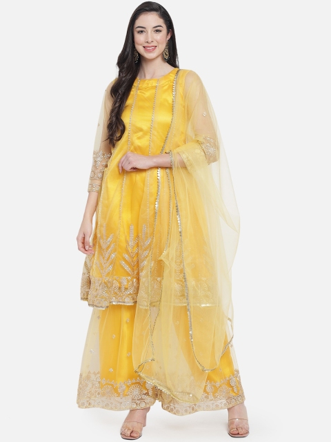 

Fabcartz Women Yellow Floral Embroidered Kurti With Sharara & Dupatta