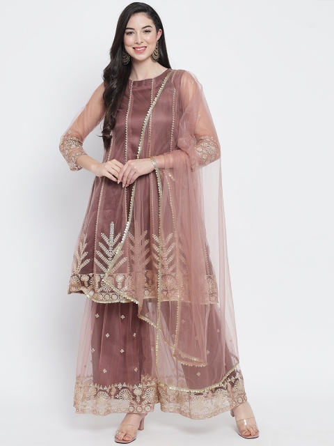 

Fabcartz Women Brown Ethnic Motifs Embroidered Pleated Kurta with Sharara & With Dupatta