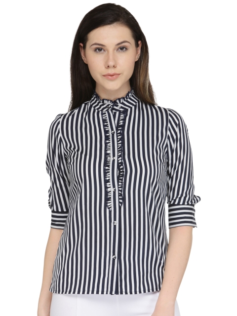 

plusS Women Navy Blue & White Striped Casual Shirt