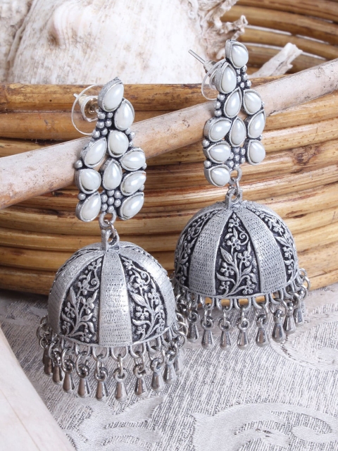 

Ayesha Silver-Toned Contemporary Jhumkas Earrings