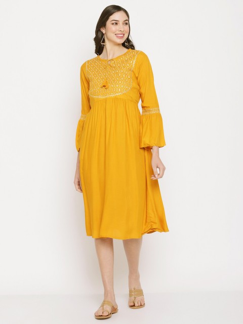 

Miaz Lifestyle Yellow Embellished Midi Dress