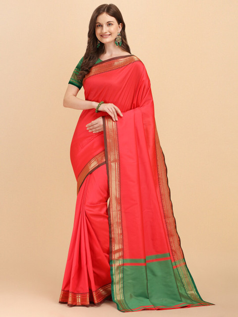 

ZIKARAA Orange & Green Zari Linen Banarasi Saree, Pink
