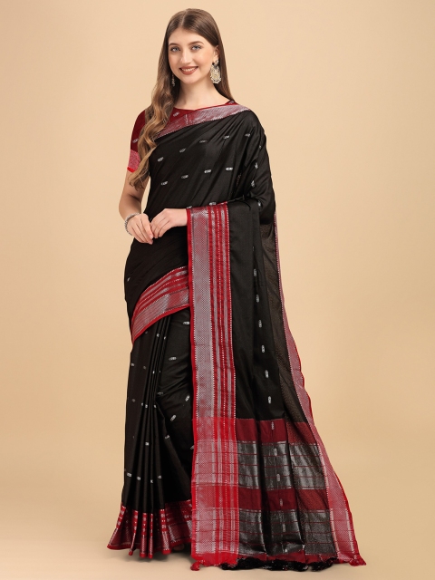 

ZIKARAA Black & Red Woven Design Zari Pure Linen Banarasi Saree