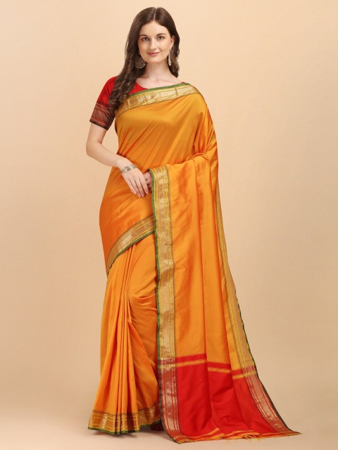 

ZIKARAA Yellow & Red Pure Linen Banarasi Saree