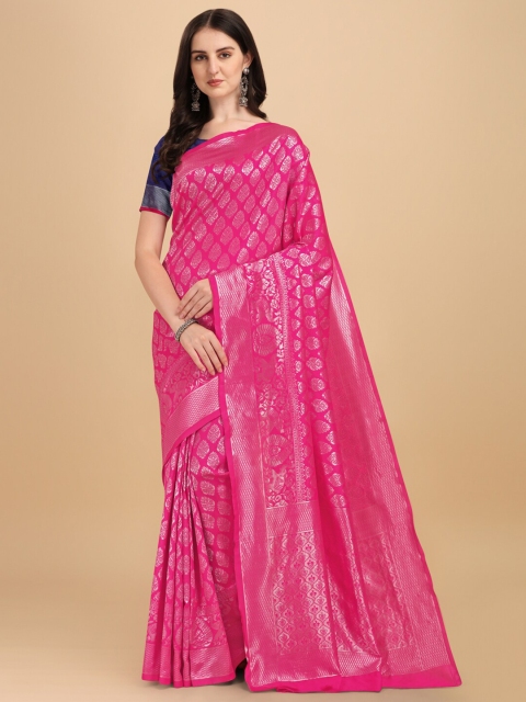 

ZIKARAA Pink & Silver-Toned Woven Design Zari Pure Linen Banarasi Saree