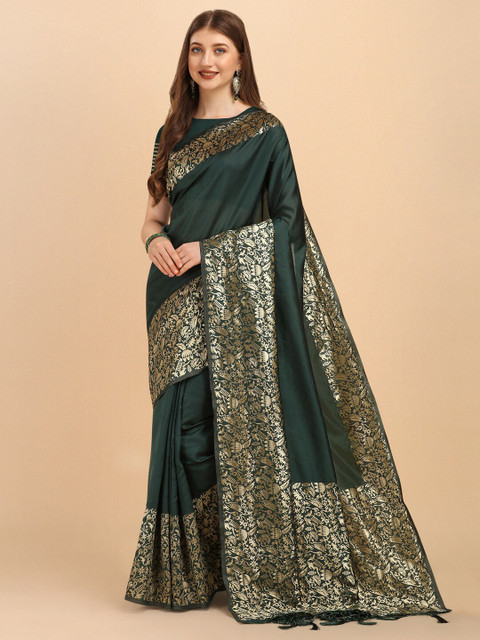 

ZIKARAA Green & Gold-Toned Woven Design Zari Pure Linen Banarasi Saree