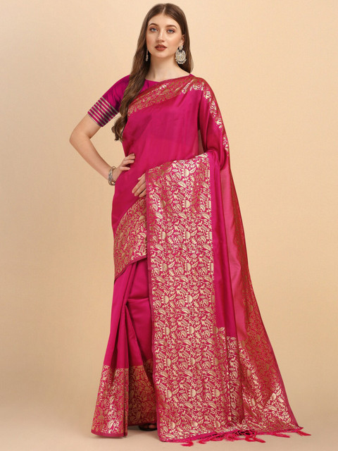 

ZIKARAA Pink & Gold-Toned Woven Design Zari Pure Linen Banarasi Saree