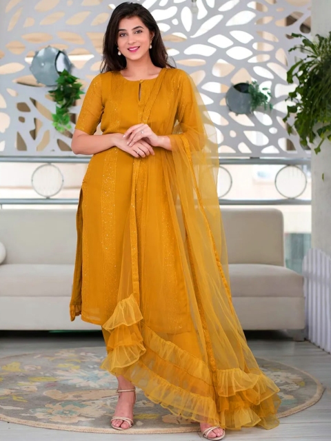 

mf Women Mustard Yellow Layered Sequinned Kurta with Palazzos & With Dupatta