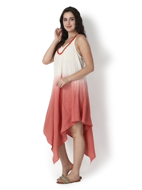 

Again fashions Peach-Coloured & Yellow Tie and Dye Asymmetric Cotton A-Line Dress
