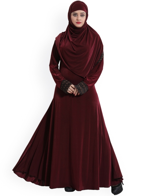

TUCUTE Women Maroon Solid Abaya Burqas With Hijab