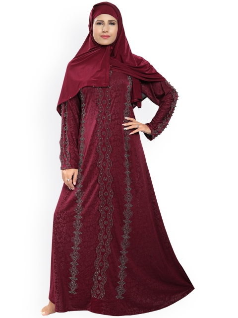 

TUCUTE Maroon Velvet Abaya Embellished Burkha With Hijab