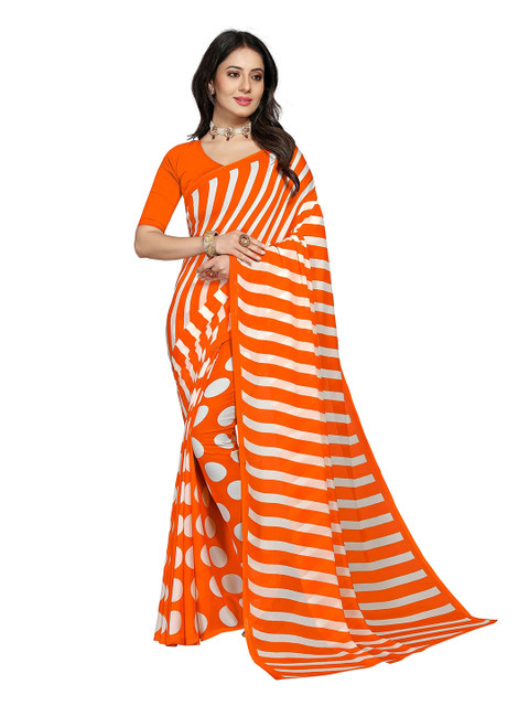 

KALINI Orange & White Striped Pure Georgette Saree