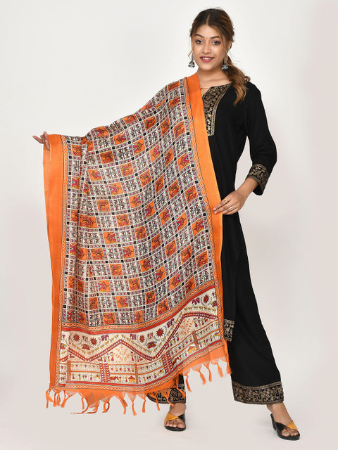 

Kesarya Women Orange Kalamkari Patola Printed Dupatta