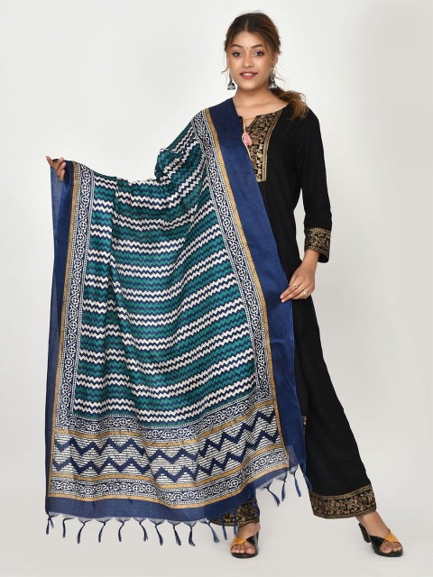 

Kesarya Blue & White Printed Cotton Silk Ikat Dupatta
