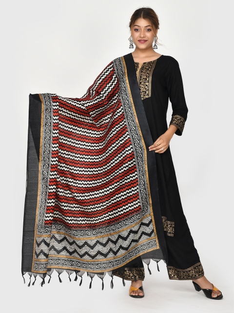 

Kesarya Women Black & Red Printed Cotton Silk Striped Ikat Dupatta