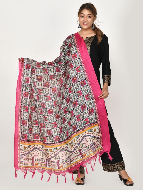 

Kesarya Pink & White Ethnic Motifs Printed Kalamkari Dupatta