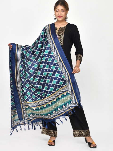 

Kesarya Navy Blue & White Printed Cotton Silk Ikat Dupatta