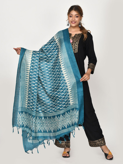 

Kesarya Blue & White Printed Cotton Silk Ikat Dupatta