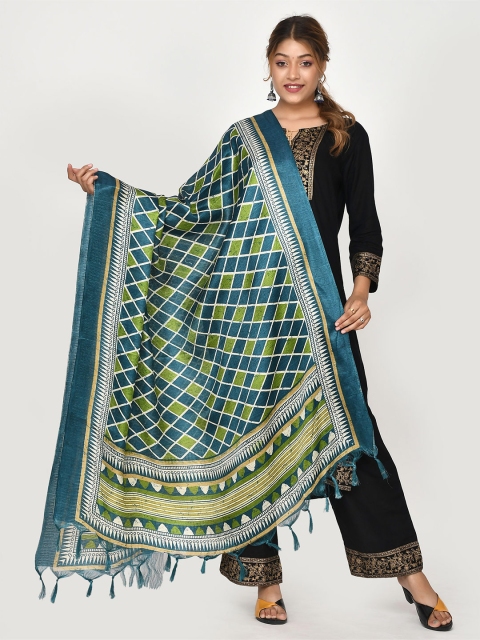

Kesarya Blue & Green Printed Cotton Silk Ikat Dupatta