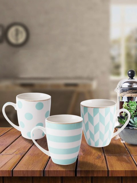 

House Of Accessories Green & White Geometric Printed Ceramic Glossy Set of 3 Cups and Mugs