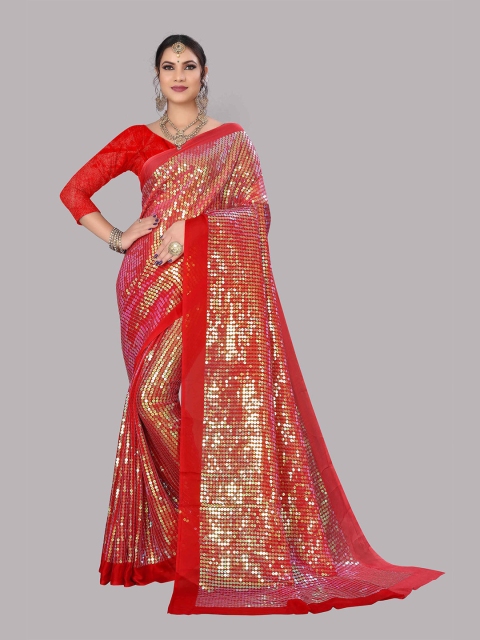 

Divine International Trading Co Red & Gold-Toned Embellished Sequinned Silk Blend Saree