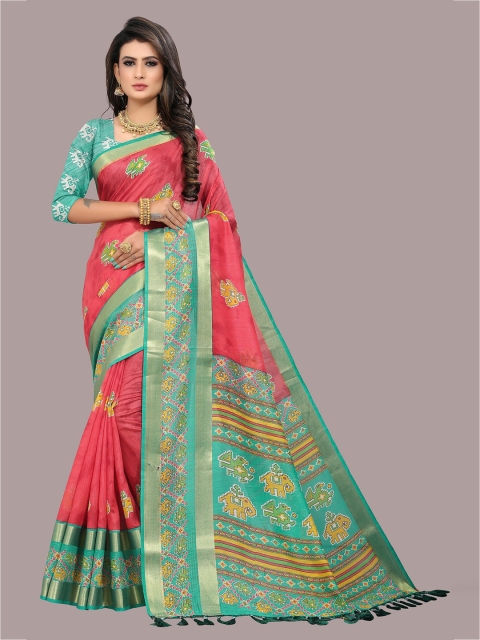 

Divine International Trading Women Co Red & Green Ethnic Motifs Zari Patola Saree