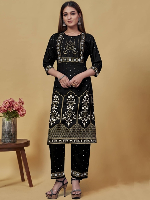 

nirja Fab Women Black Ethnic Motifs Embroidered Pleated Kurti with Trousers