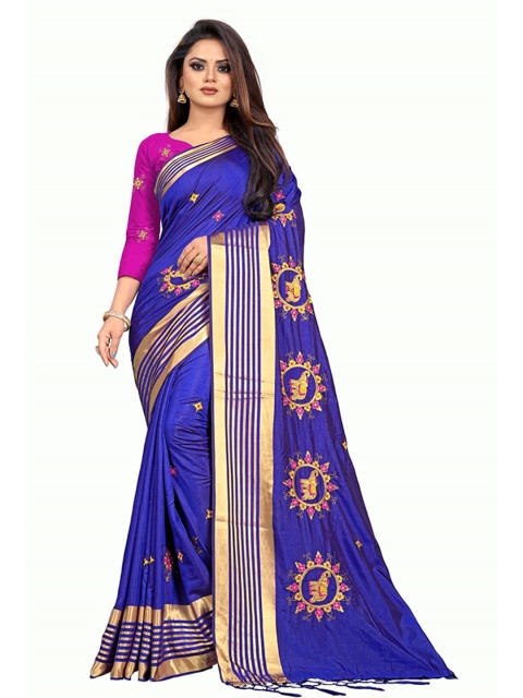 

Kuvarba Fashion Blue & Gold Ethnic Motifs Embroidered Silk Blend Saree