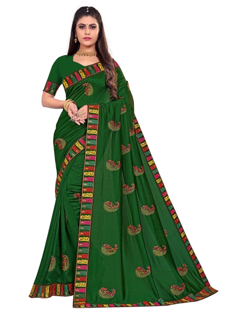 

Kuvarba Fashion Fluorescent Green & Red Paisley Embroidered Silk Blend Saree