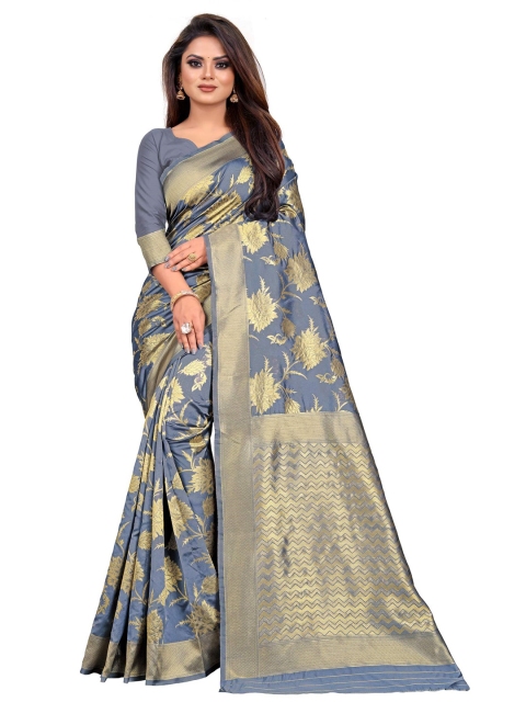 

Kuvarba Fashion Grey & Gold-Toned Woven Design Zari Silk Blend Saree