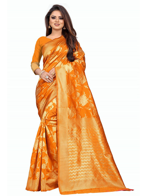 

Kuvarba Fashion Orange & Gold-Toned Woven Design Zari Silk Blend Saree
