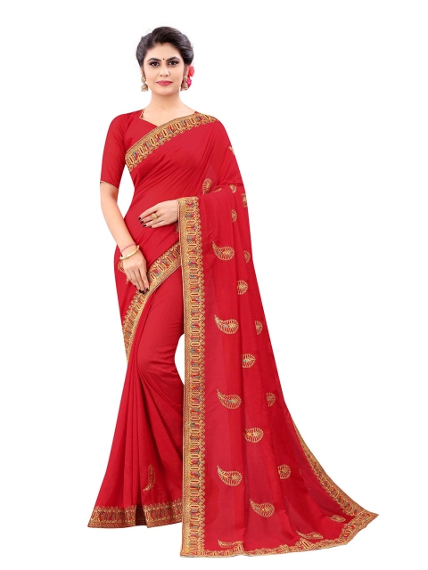 

Kuvarba Fashion Red & Gold-Toned Ethnic Motifs Embroidered Silk Blend Saree