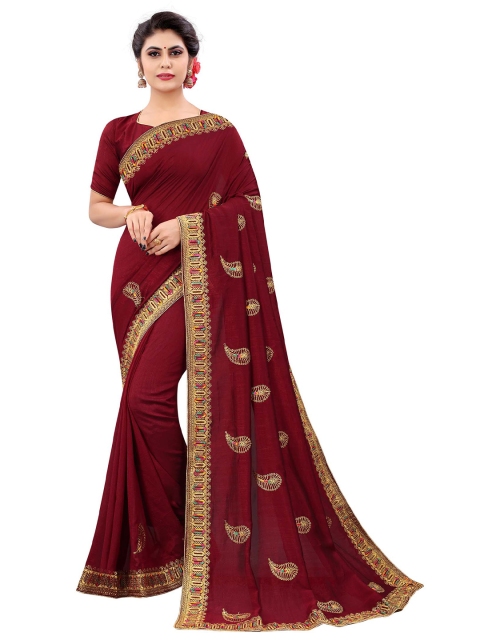 

Kuvarba Fashion Maroon & Gold-Toned Ethnic Motifs Embroidered Silk Blend Saree