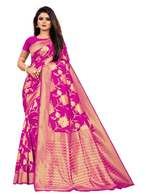 

Kuvarba Fashion Pink & Gold-Toned Woven Design Zari Silk Blend Saree