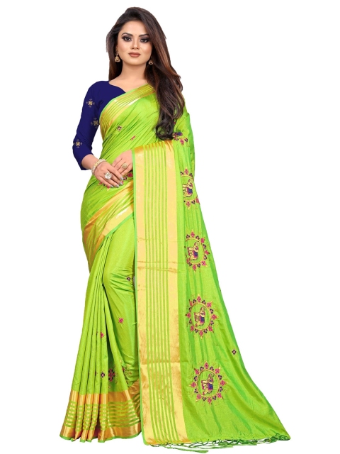 

Kuvarba Fashion Green & Gold-Toned Ethnic Motifs Embroidered Silk Blend Saree