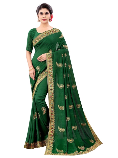 

Kuvarba Fashion Women Green & Pink Paisley Embroidered Silk Blend Saree