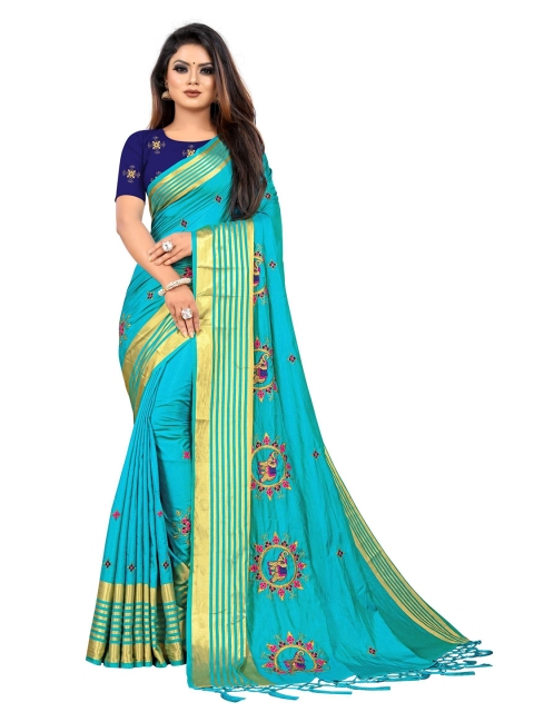 

Kuvarba Fashion Turquoise Blue & Gold-Toned Ethnic Motifs Zari Silk Blend Saree