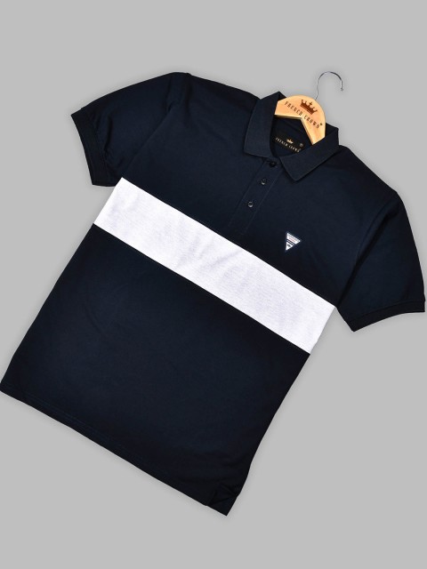 

FRENCH CROWN Men Blue Colourblocked V-Neck Applique T-shirt