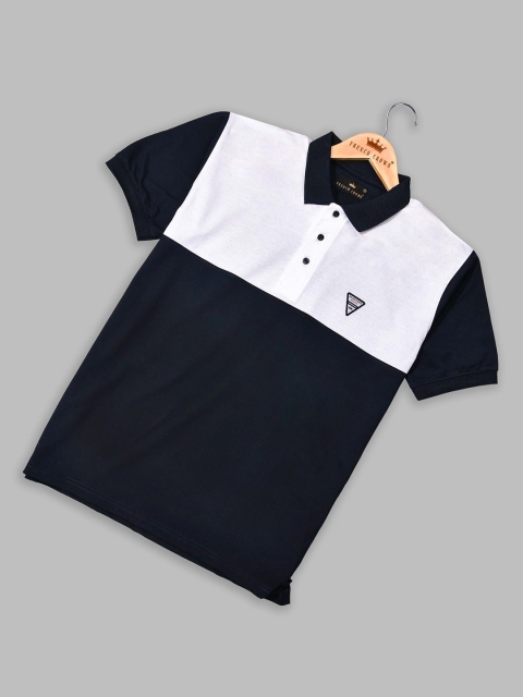 

FRENCH CROWN Men Blue Colourblocked V-Neck Applique T-shirt