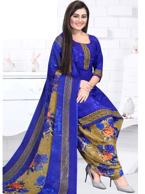 

INDIAN HERITAGE Blue & Red Printed Silk Crepe Unstitched Dress Material