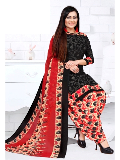 

INDIAN HERITAGE Black & Red Printed Silk Crepe Unstitched Dress Material