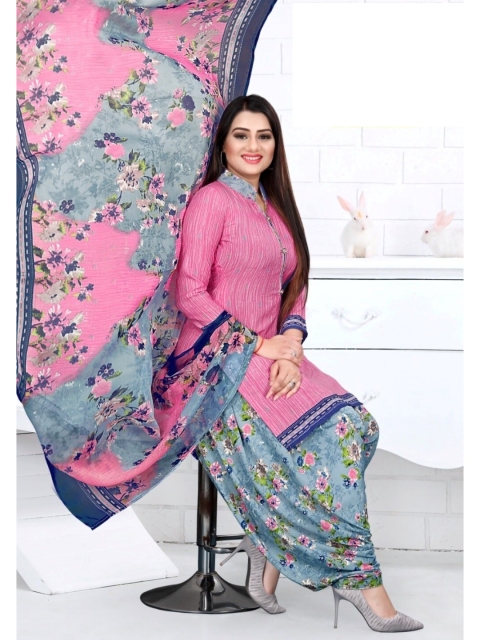 

INDIAN HERITAGE Pink & Grey Printed Silk Crepe Unstitched Dress Material