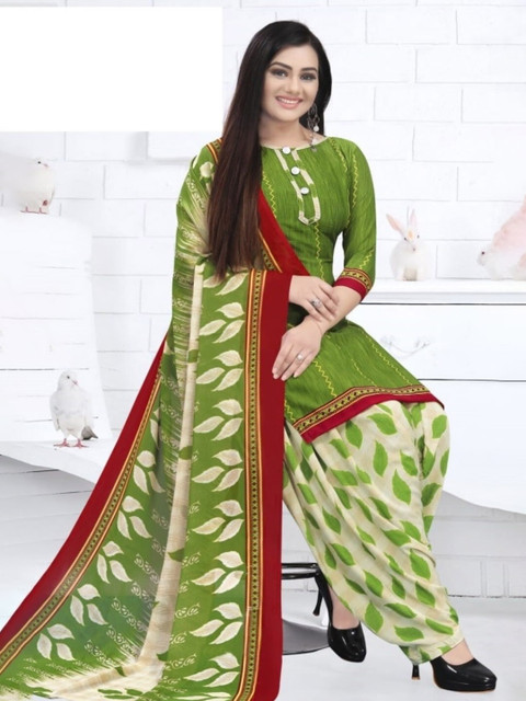 

INDIAN HERITAGE Green & Maroon Printed Silk Crepe Unstitched Dress Material