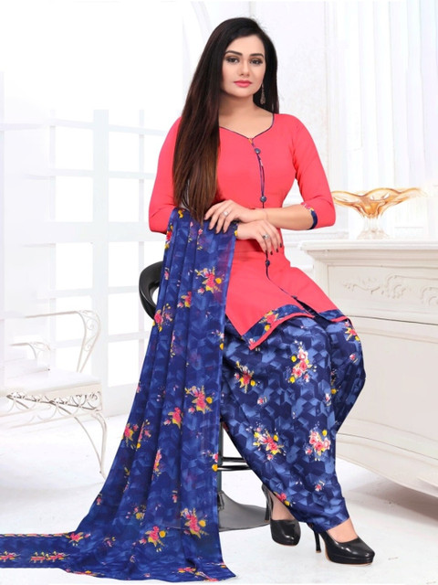 

INDIAN HERITAGE Pink & Blue Printed Silk Crepe Unstitched Dress Material