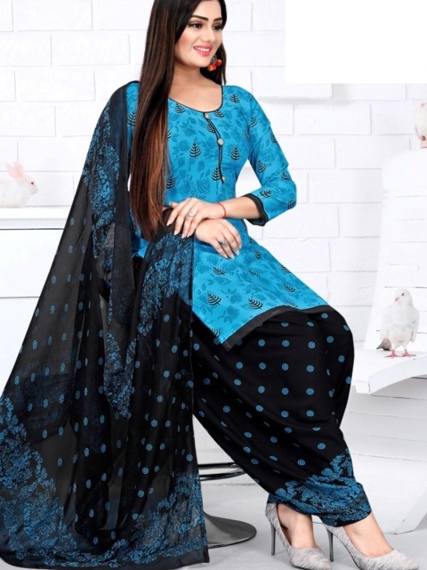 

INDIAN HERITAGE Blue & Black Printed Silk Crepe Unstitched Dress Material