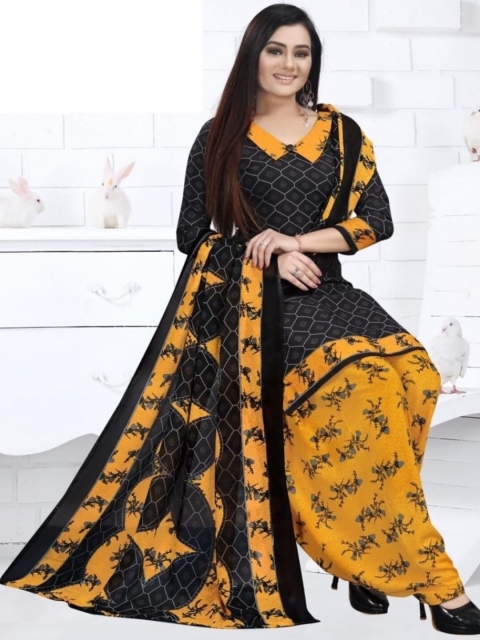 

INDIAN HERITAGE Black & Orange Printed Silk Crepe Unstitched Dress Material