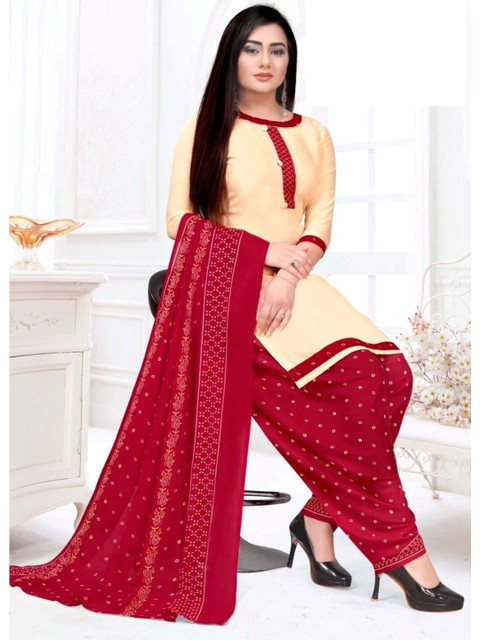 

INDIAN HERITAGE Cream-Coloured & Red Printed Silk Crepe Unstitched Dress Material