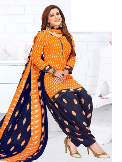 

INDIAN HERITAGE Orange & Black Printed Silk Crepe Unstitched Dress Material