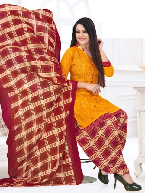 

INDIAN HERITAGE Yellow & Red Printed Silk Crepe Unstitched Dress Material