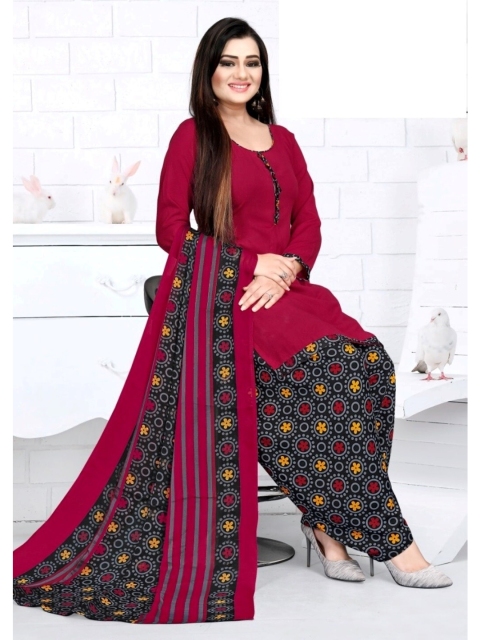 

INDIAN HERITAGE Maroon & Grey Printed Silk Crepe Unstitched Dress Material